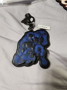 New Coach Marvel Blue and Black Leather Black Panther Keychain, Bag Charm
